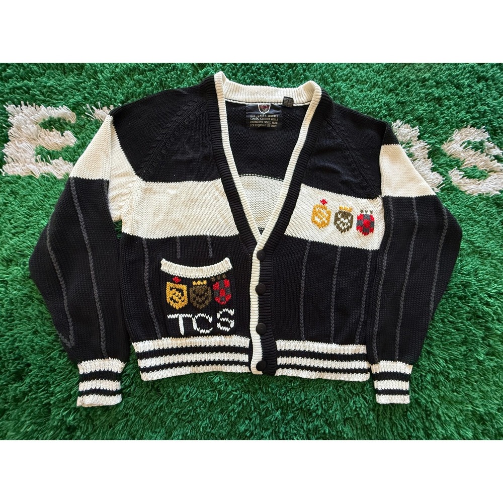Torque Knit Cardigan Sweater Mens Large Blue Cream Excellent Vintage Varsity TCS
